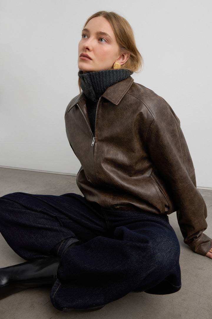 VEGAN LEATHER BOMBER JACKET in Brown — alternate angle