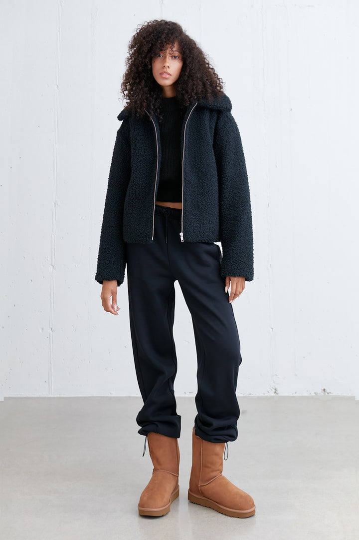 CROPPED SHEARLING BOMBER JACKET in Black — alternate angle