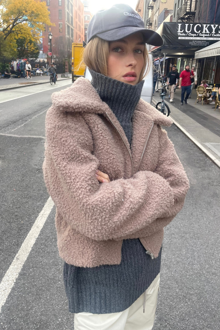 CROPPED SHEARLING BOMBER JACKET in Taupe Grey — alternate angle