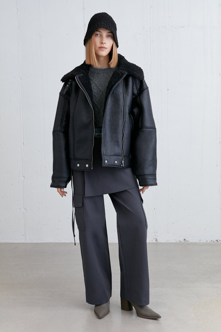 OVERSIZED SHERPA AVIATOR JACKET in Black — alternate angle