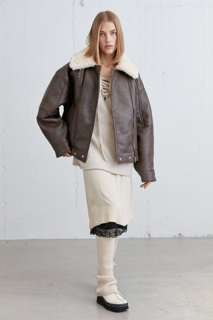 OVERSIZED SHERPA AVIATOR JACKET in Coffee Bean — alternate angle