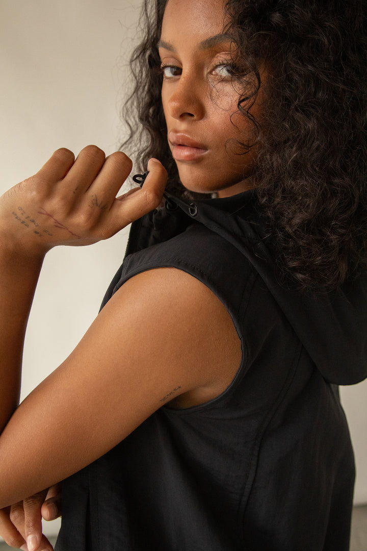 NYLON HOODED ZIP-UP VEST in Black — alternate angle