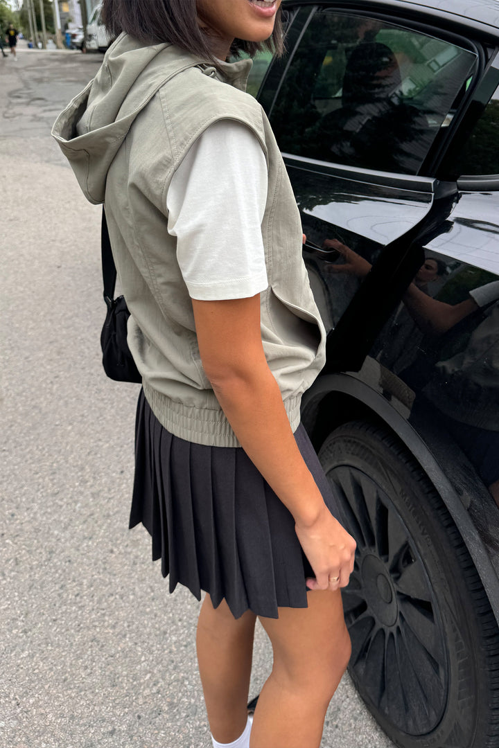 NYLON HOODED ZIP-UP VEST in Vetiver — alternate angle