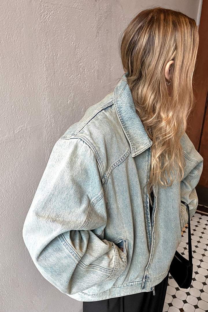 DENIM BOMBER JACKET in Sand Wash — alternate angle