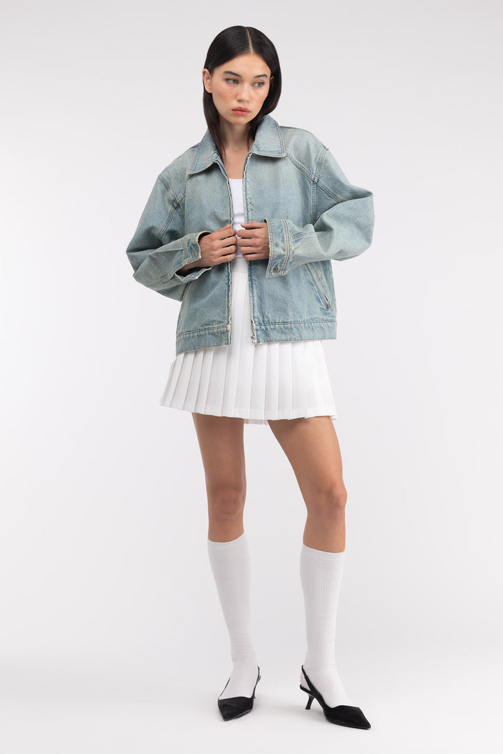 DENIM BOMBER JACKET in Sand Wash — alternate angle