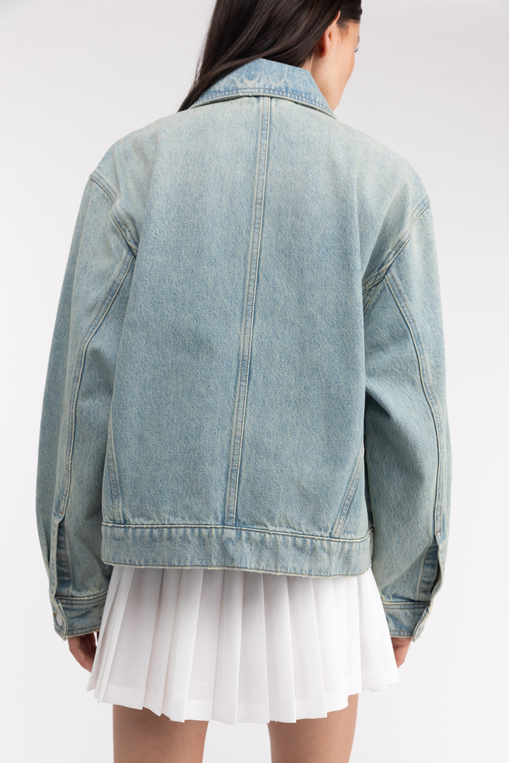 DENIM BOMBER JACKET in Sand Wash — alternate angle
