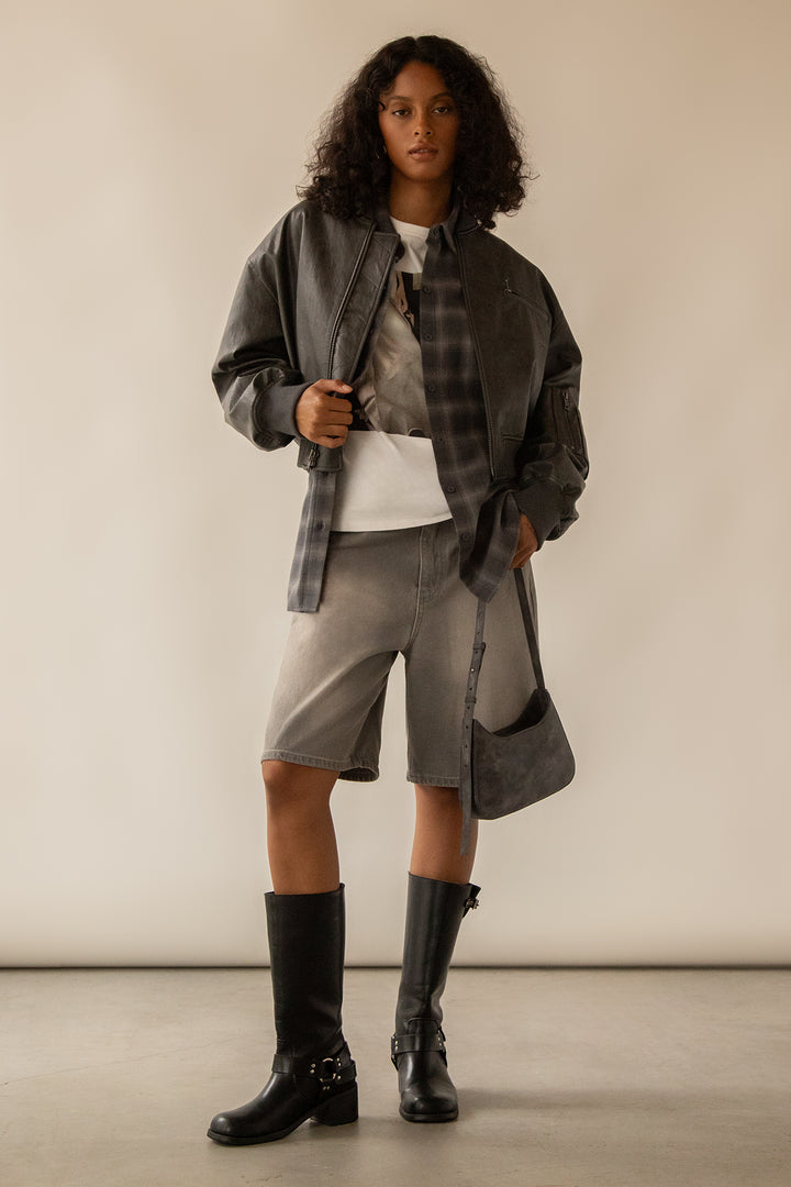 CROPPED VEGAN LEATHER BOMBER JACKET in ASPHALT — alternate angle