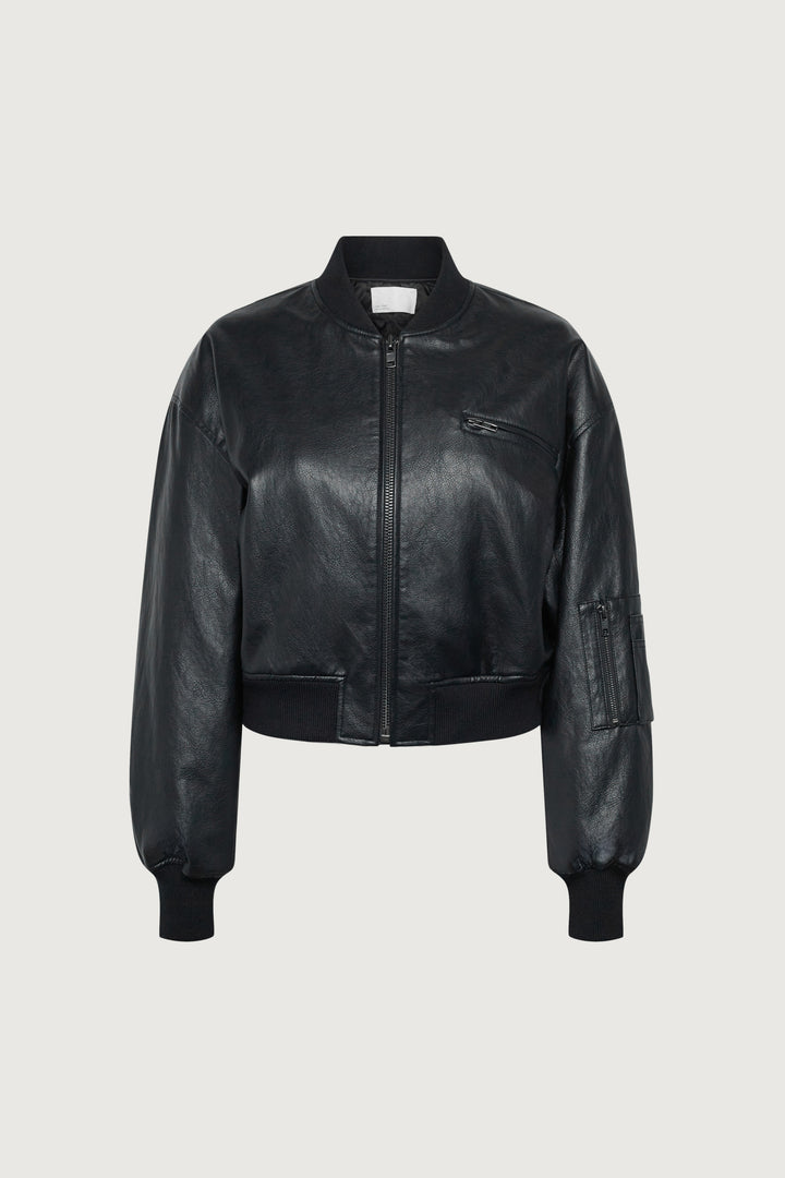 CROPPED VEGAN LEATHER BOMBER JACKET in Black — alternate angle