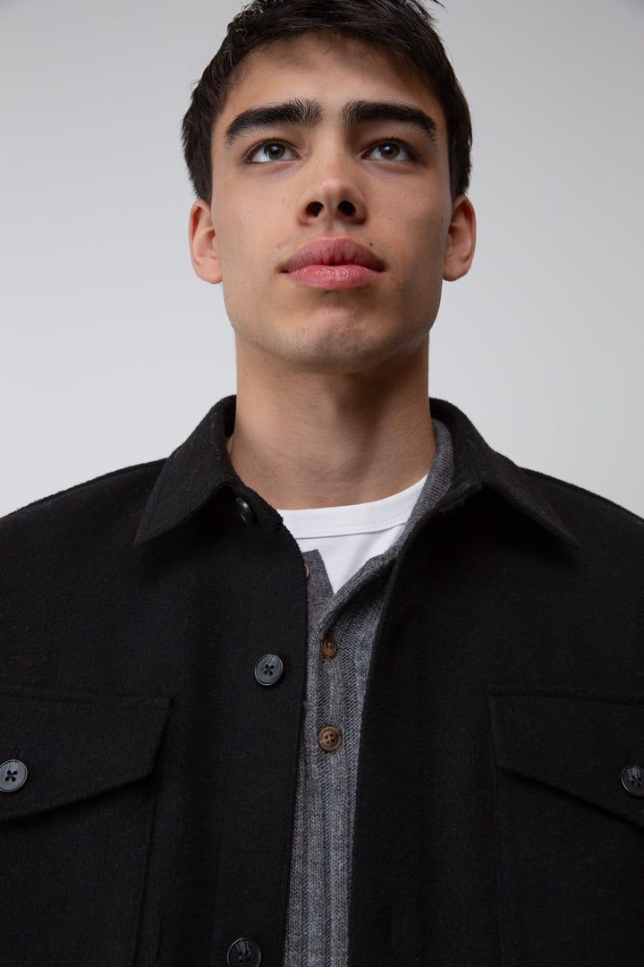 WOOL BLEND BUTTON FRONT SHIRT in Black — alternate angle