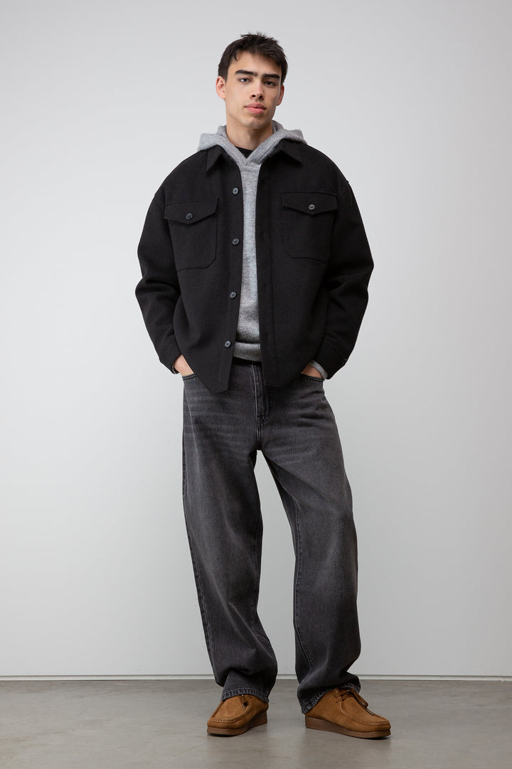 WOOL BLEND BUTTON FRONT SHIRT in Black — alternate angle