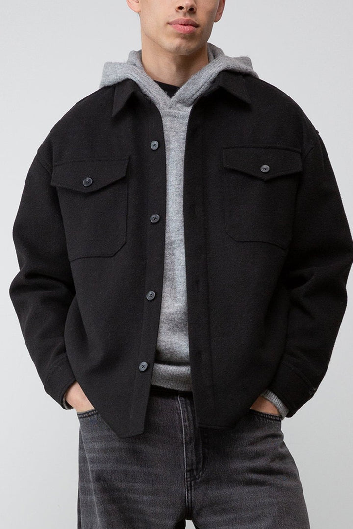 WOOL BLEND BUTTON FRONT SHIRT in Black — alternate angle