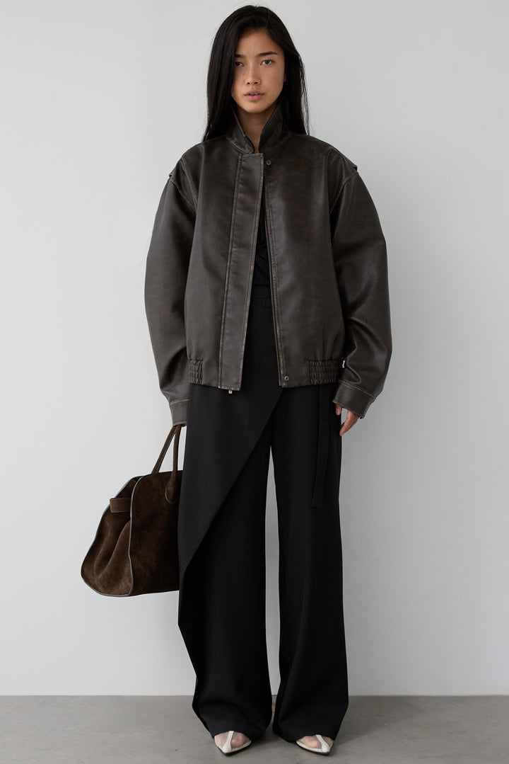 VINTAGE INSPIRED VEGAN LEATHER BOMBER JACKET in Vintage Brown — alternate angle