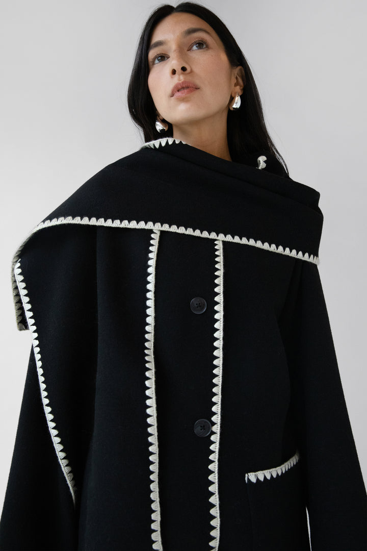 WOOL-BLEND CONTRAST STITCH SCARF JACKET in Black — alternate angle