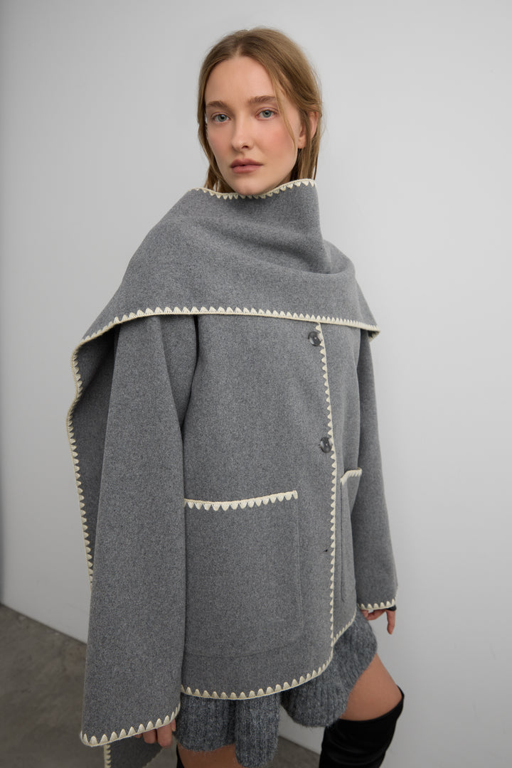 WOOL-BLEND CONTRAST STITCH SCARF JACKET in Medium Heather Grey — alternate angle