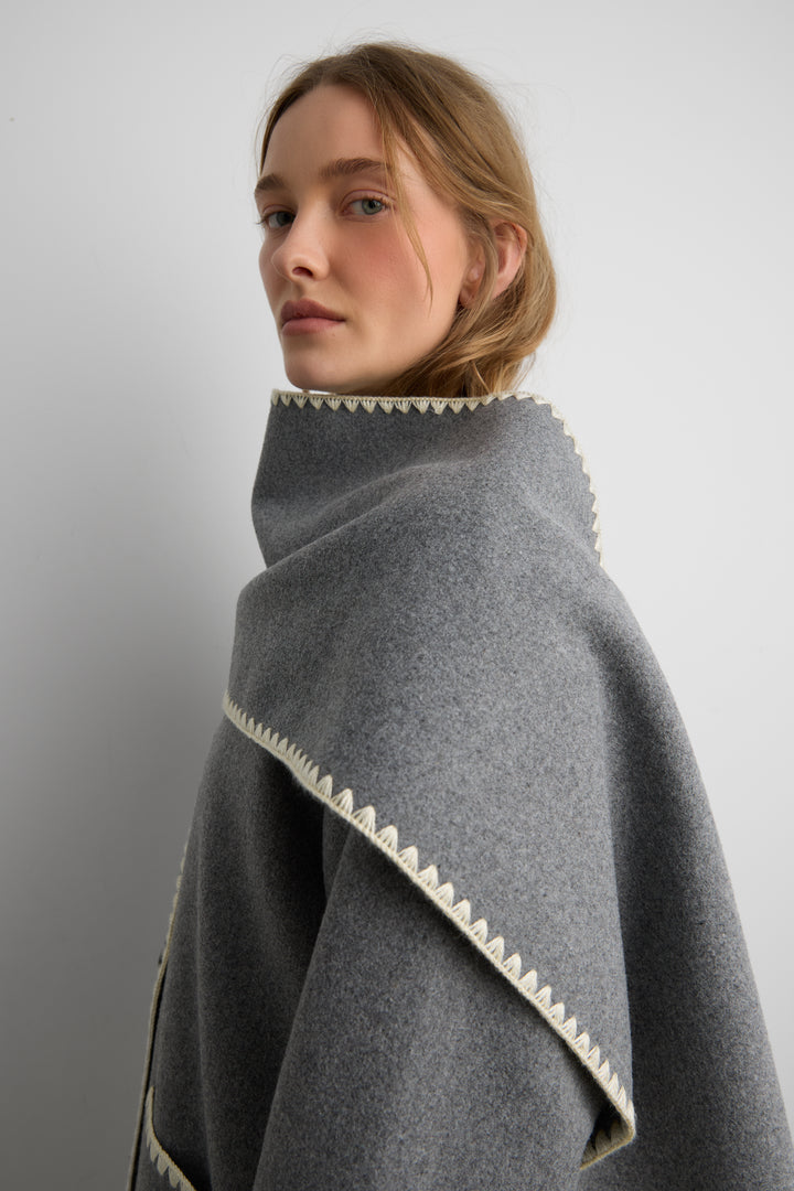 WOOL-BLEND CONTRAST STITCH SCARF JACKET in Medium Heather Grey — alternate angle