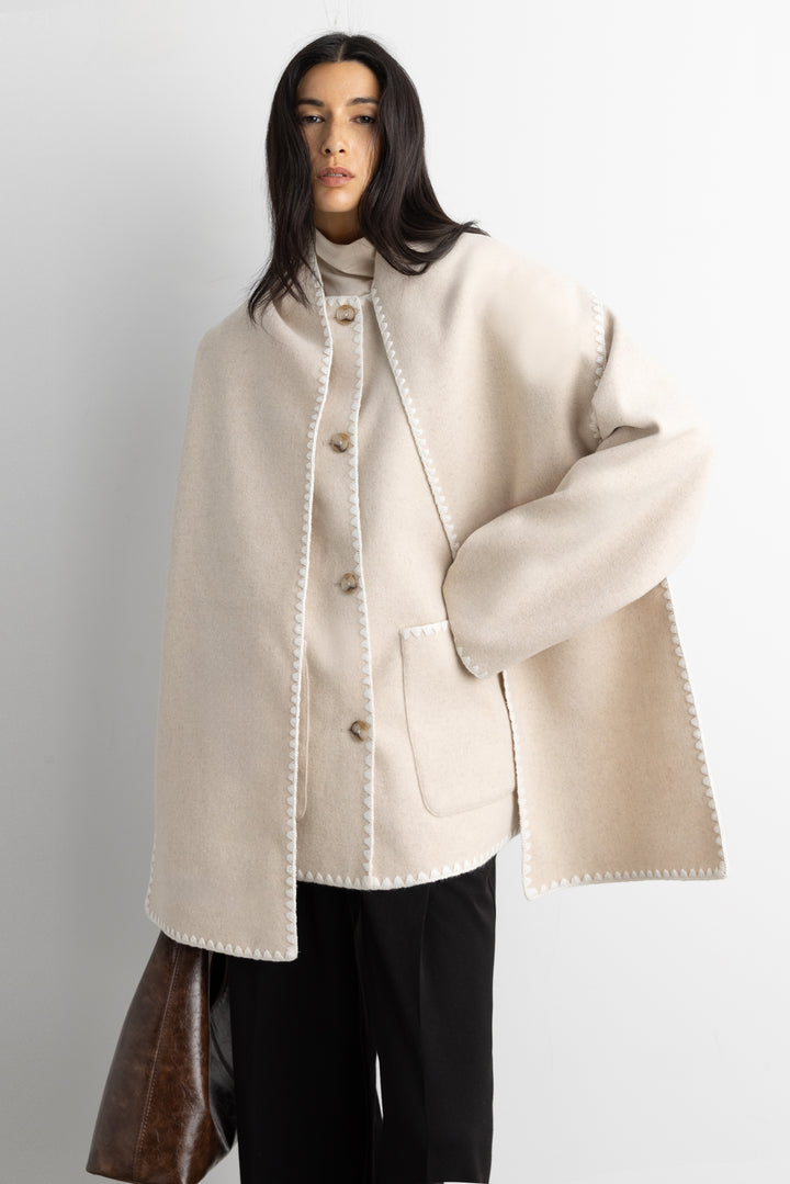 WOOL-BLEND CONTRAST STITCH SCARF JACKET in Oatmeal — alternate angle