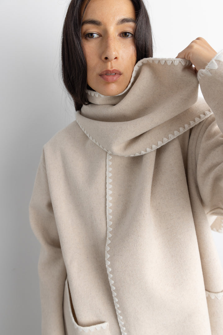 WOOL-BLEND CONTRAST STITCH SCARF JACKET in Oatmeal — alternate angle