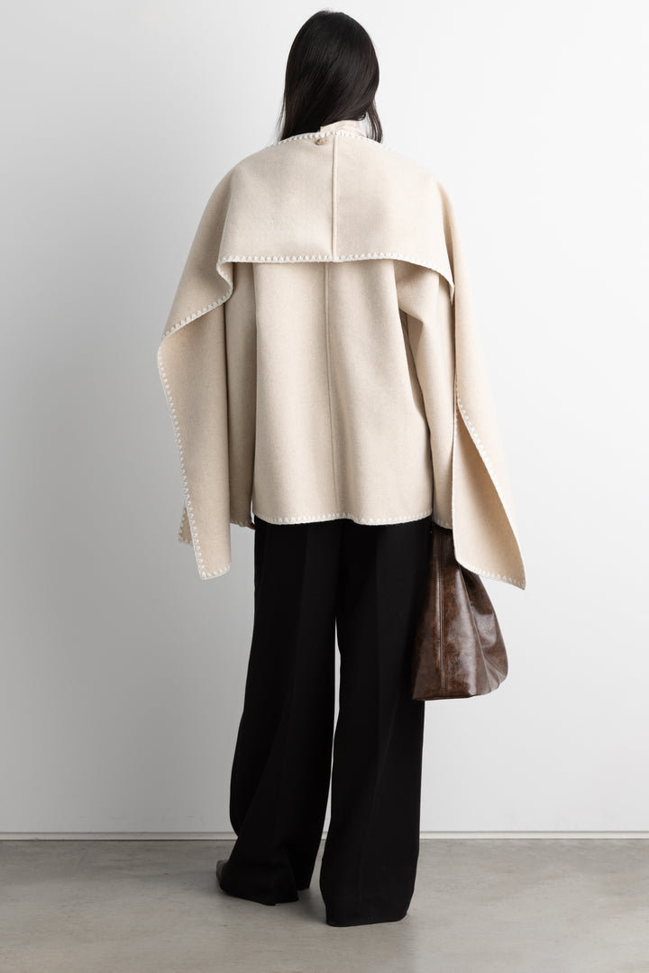WOOL-BLEND CONTRAST STITCH SCARF JACKET in Oatmeal — alternate angle