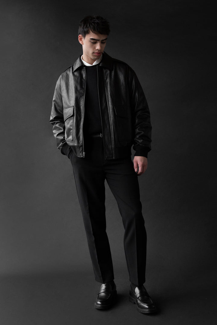 VEGAN LEATHER BOMBER JACKET in Black — alternate angle