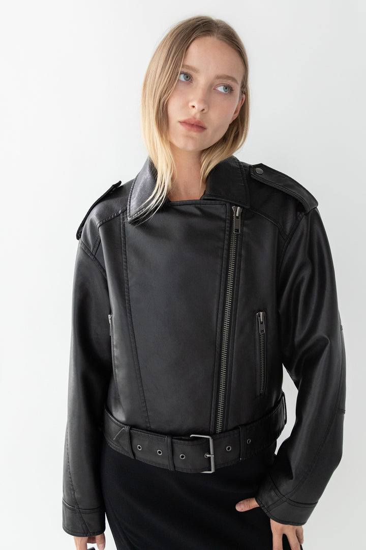 CROPPED VEGAN LEATHER MOTO JACKET in Vintage Black — alternate angle