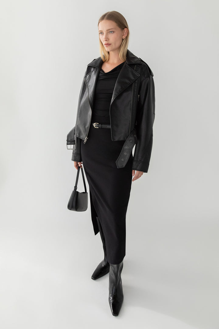 CROPPED VEGAN LEATHER MOTO JACKET in Vintage Black — alternate angle