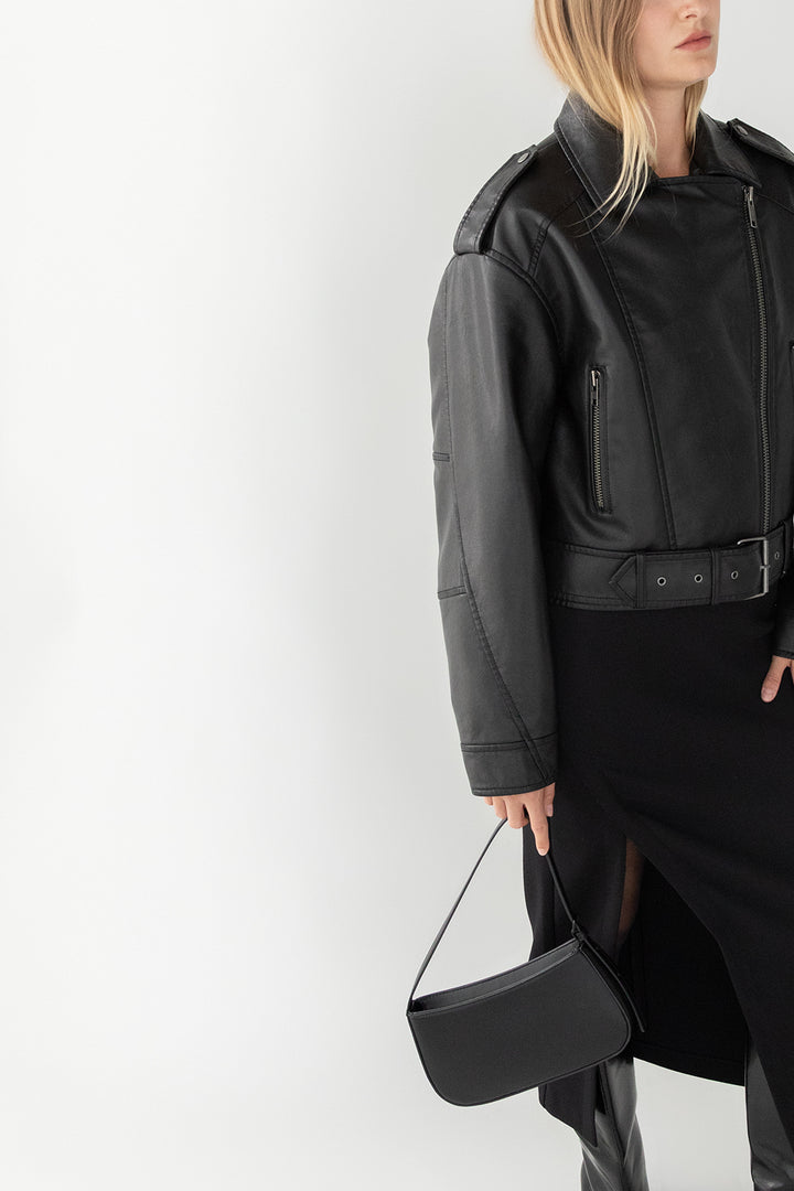 CROPPED VEGAN LEATHER MOTO JACKET in Vintage Black — alternate angle