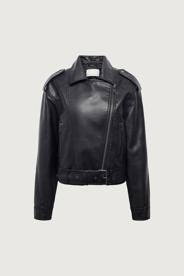 CROPPED VEGAN LEATHER MOTO JACKET in Vintage Black — alternate angle