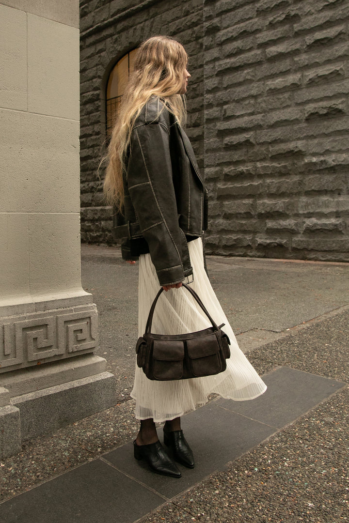 CROPPED VEGAN LEATHER MOTO JACKET in Vintage Brown — alternate angle