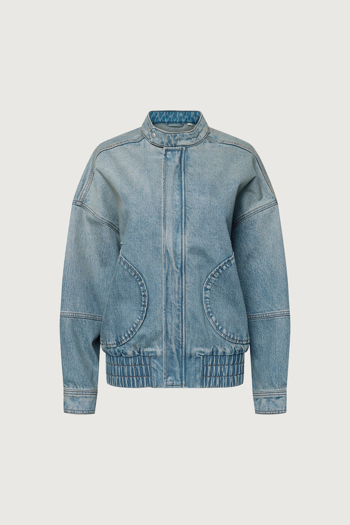 DENIM MOTO BOMBER JACKET in Green Cast Medium Wash — alternate angle