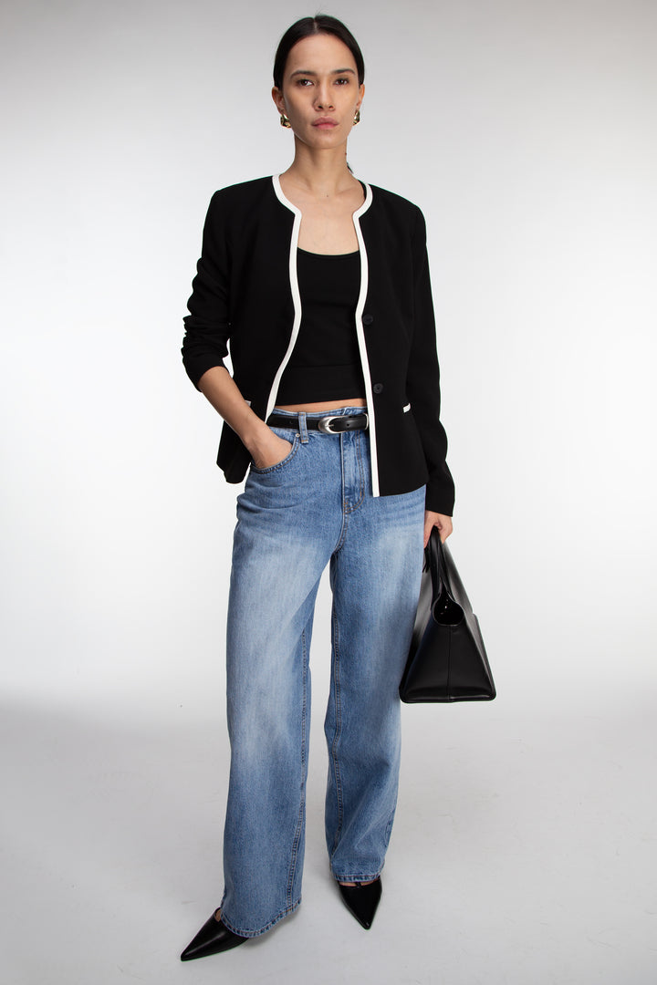 CONTRAST TRIM BUTTON FRONT COLLARLESS BLAZER in Black Cream — alternate angle