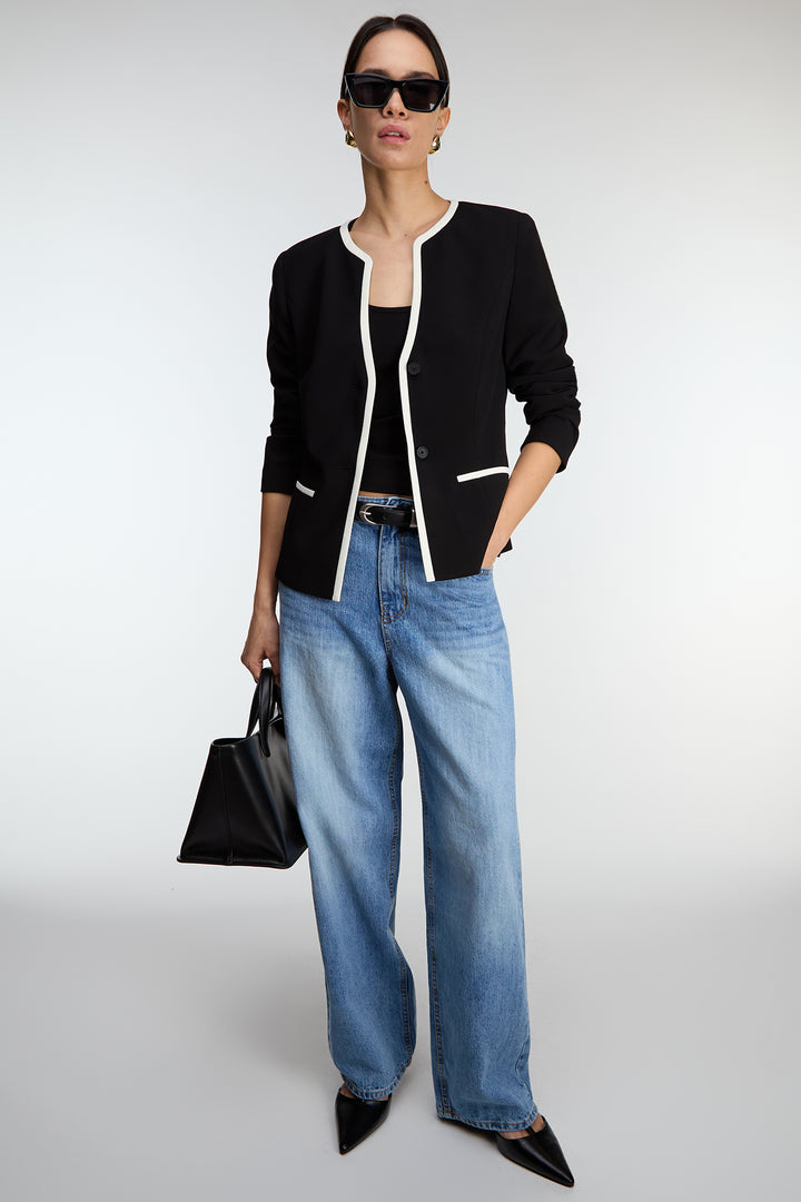 CONTRAST TRIM BUTTON FRONT COLLARLESS BLAZER in Black Cream — alternate angle