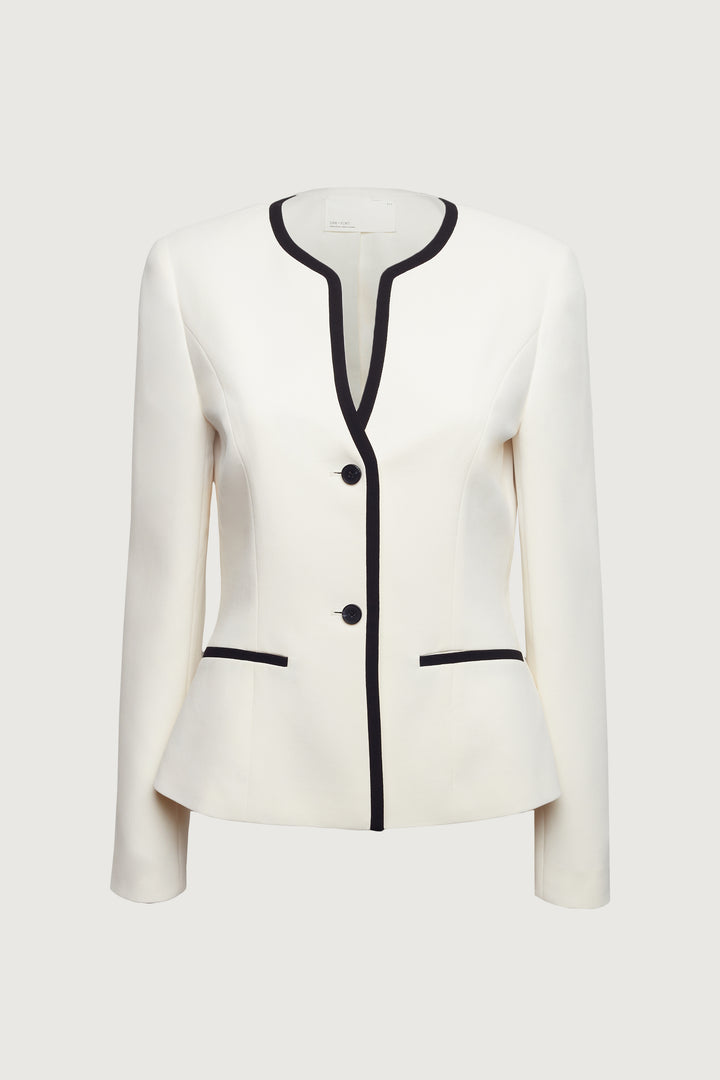 CONTRAST TRIM BUTTON FRONT COLLARLESS BLAZER in Black Cream — alternate angle
