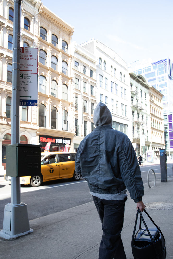 WASHED EFFECT COTTON UTILITY BOMBER JACKET in Washed Black — alternate angle