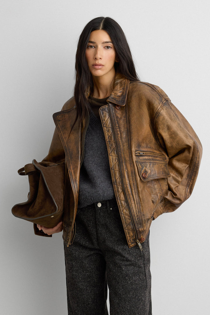 GENUINE LEATHER BROWN DISTRESSED BOMBER JACKET in Brown — alternate angle