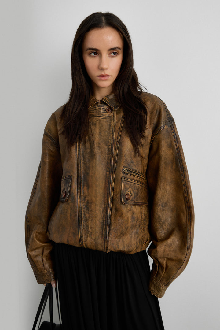 GENUINE LEATHER BROWN DISTRESSED BOMBER JACKET in Brown — alternate angle