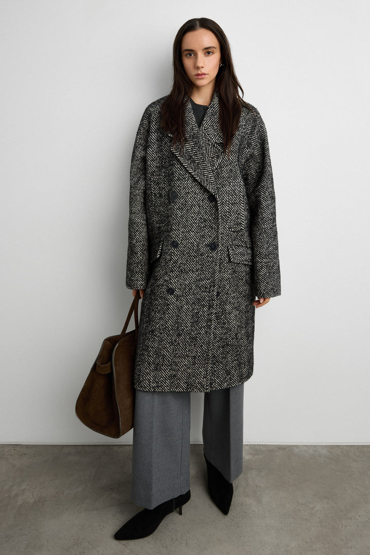 OVERSIZED WOOL-BLEND DOUBLE-BREASTED COAT in Black Herringbone — alternate angle