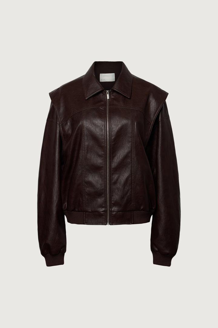 LAYERED DETAIL CONTRAST STITCH VEGAN LEATHER BOMBER in Coffee Bean — alternate angle