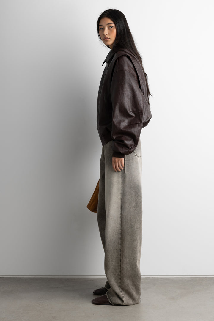 LAYERED DETAIL CONTRAST STITCH VEGAN LEATHER BOMBER in Coffee Bean — alternate angle