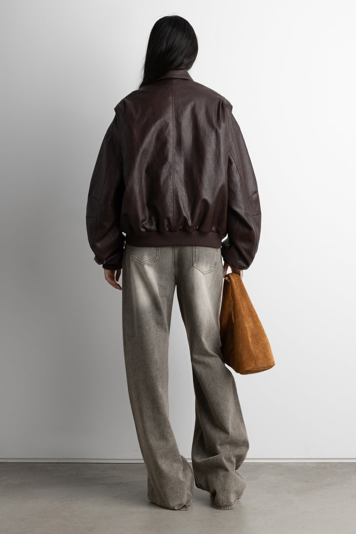 LAYERED DETAIL CONTRAST STITCH VEGAN LEATHER BOMBER in Coffee Bean — alternate angle