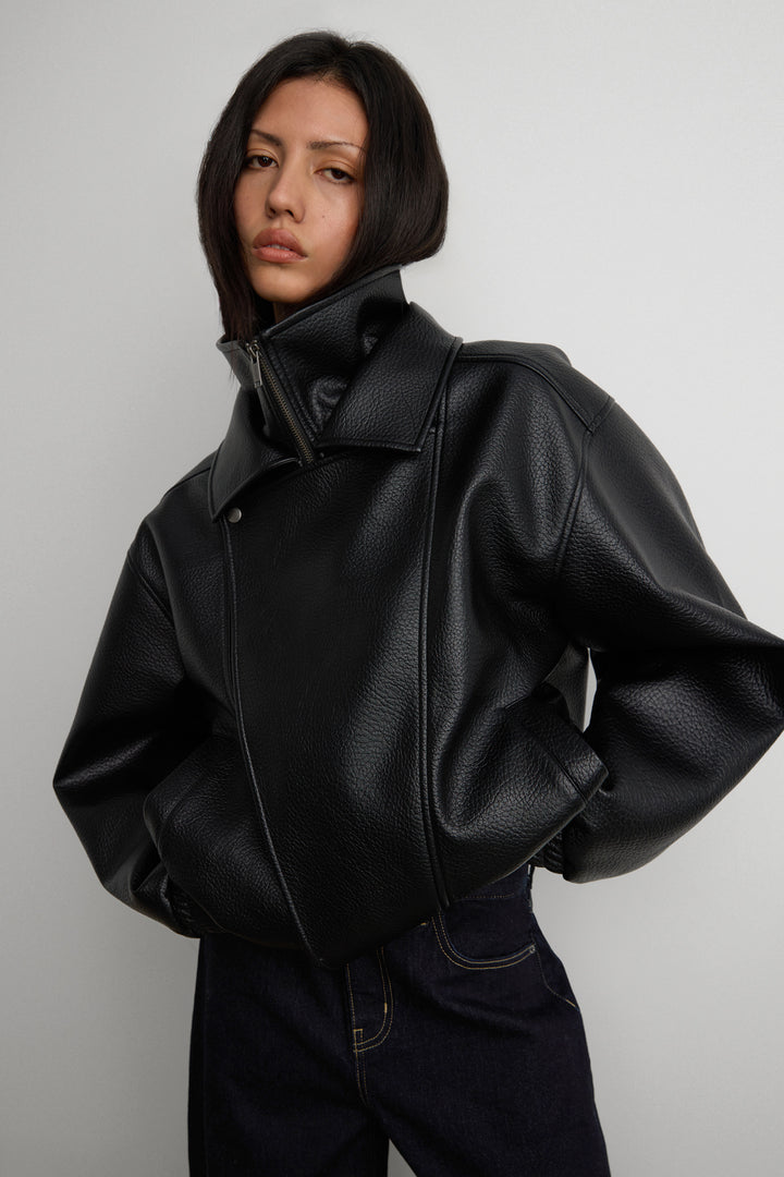 VEGAN LEATHER DOUBLE COLLAR BIKER JACKET in Black — alternate angle