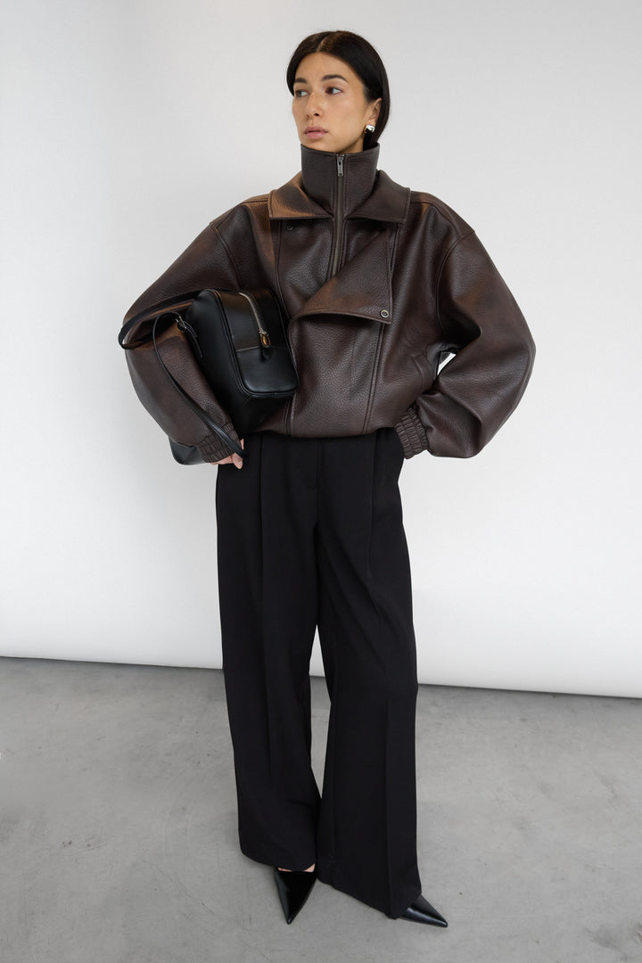 VEGAN LEATHER DOUBLE COLLAR BIKER JACKET in Coffee Bean — alternate angle