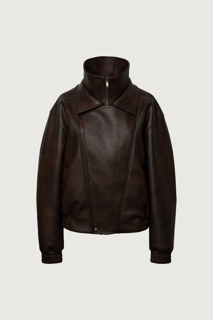 VEGAN LEATHER DOUBLE COLLAR BIKER JACKET in Coffee Bean — alternate angle