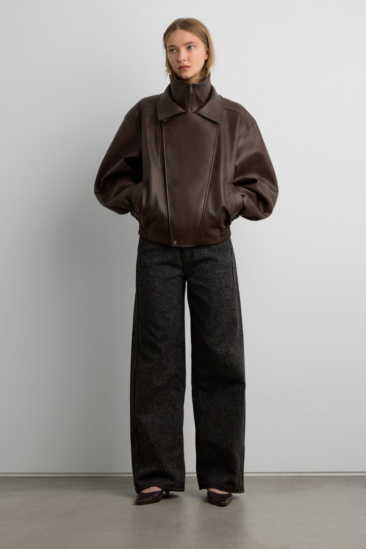 VEGAN LEATHER DOUBLE COLLAR BIKER JACKET in Coffee Bean — alternate angle