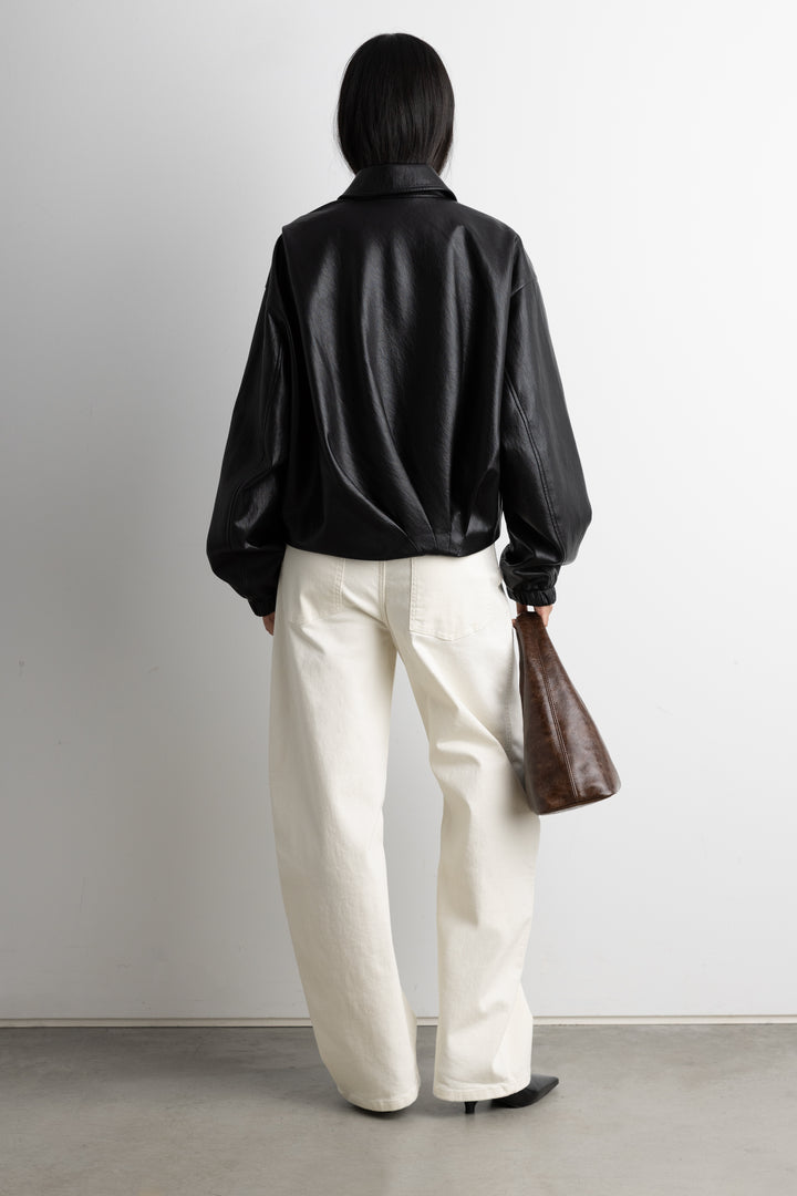 VEGAN LEATHER BOMBER JACKET WITH PLEATS in Black — alternate angle