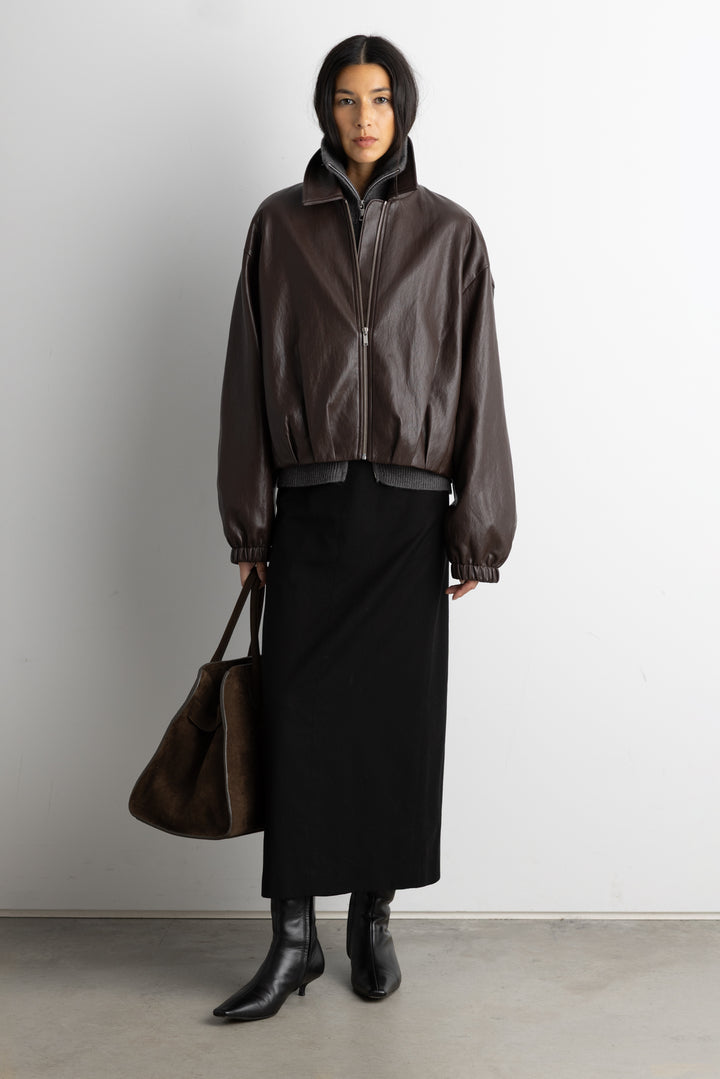 VEGAN LEATHER BOMBER JACKET WITH PLEATS in Coffee Bean — alternate angle