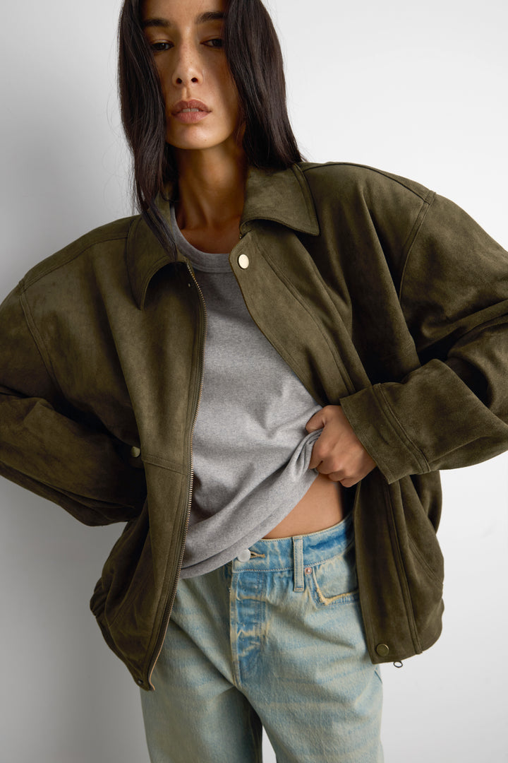VEGAN SUEDE BOMBER JACKET in Dark Olive — alternate angle