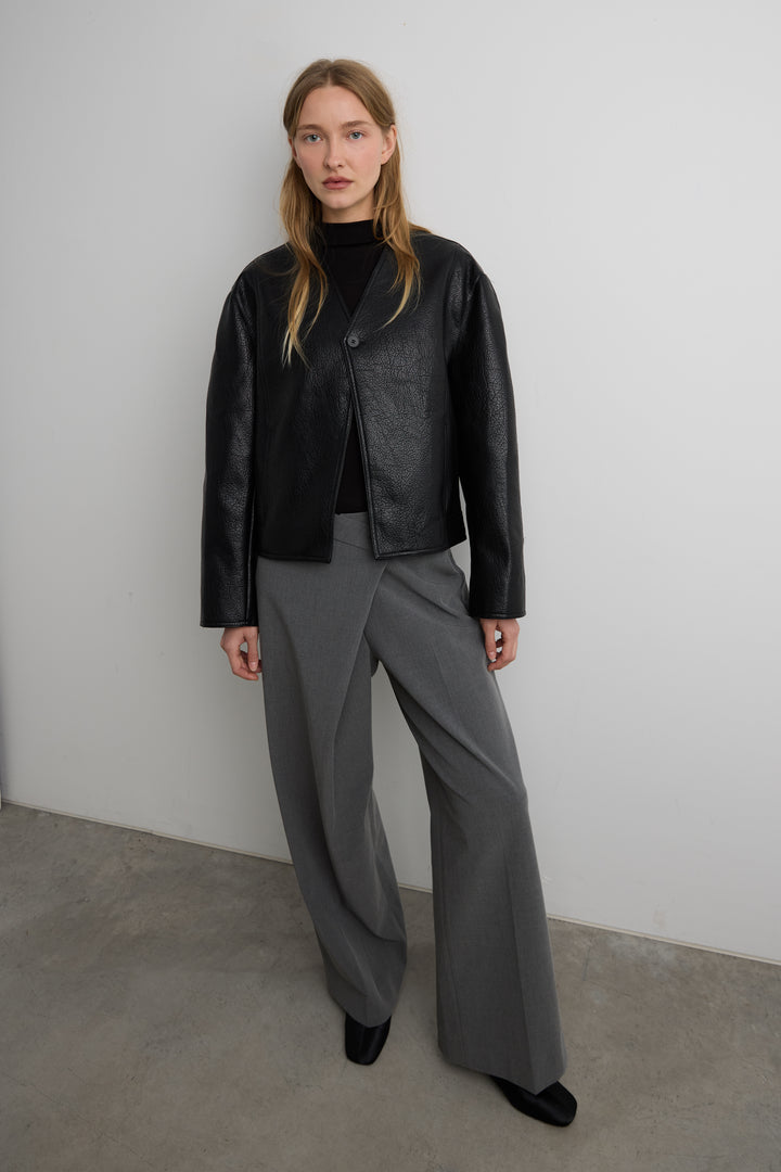 COLLARLESS VEGAN LEATHER JACKET in Black — alternate angle