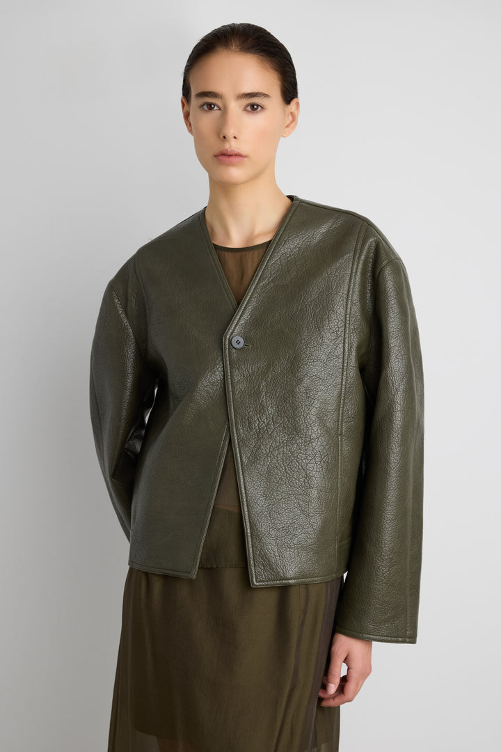 COLLARLESS VEGAN LEATHER JACKET in Olive — alternate angle