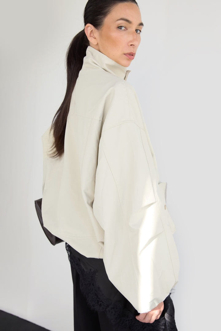 HIGH FUNNEL NECK CROPPED DRAWSTRING JACKET in Beige — alternate angle