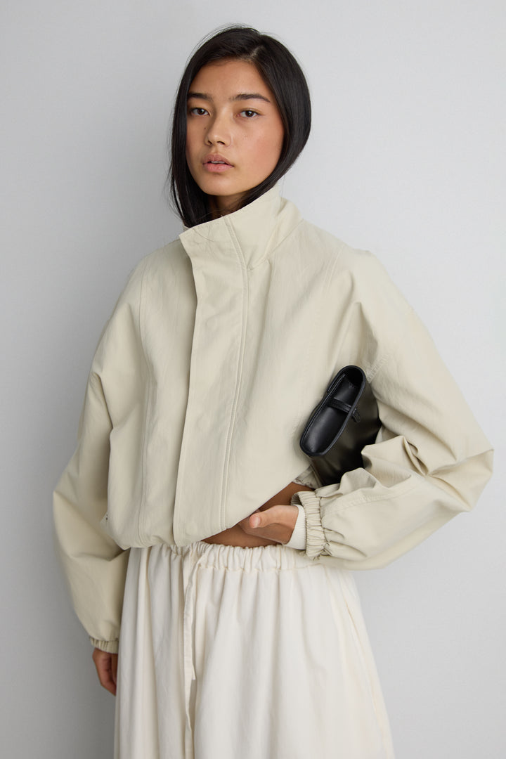 HIGH FUNNEL NECK CROPPED DRAWSTRING JACKET in Beige — alternate angle
